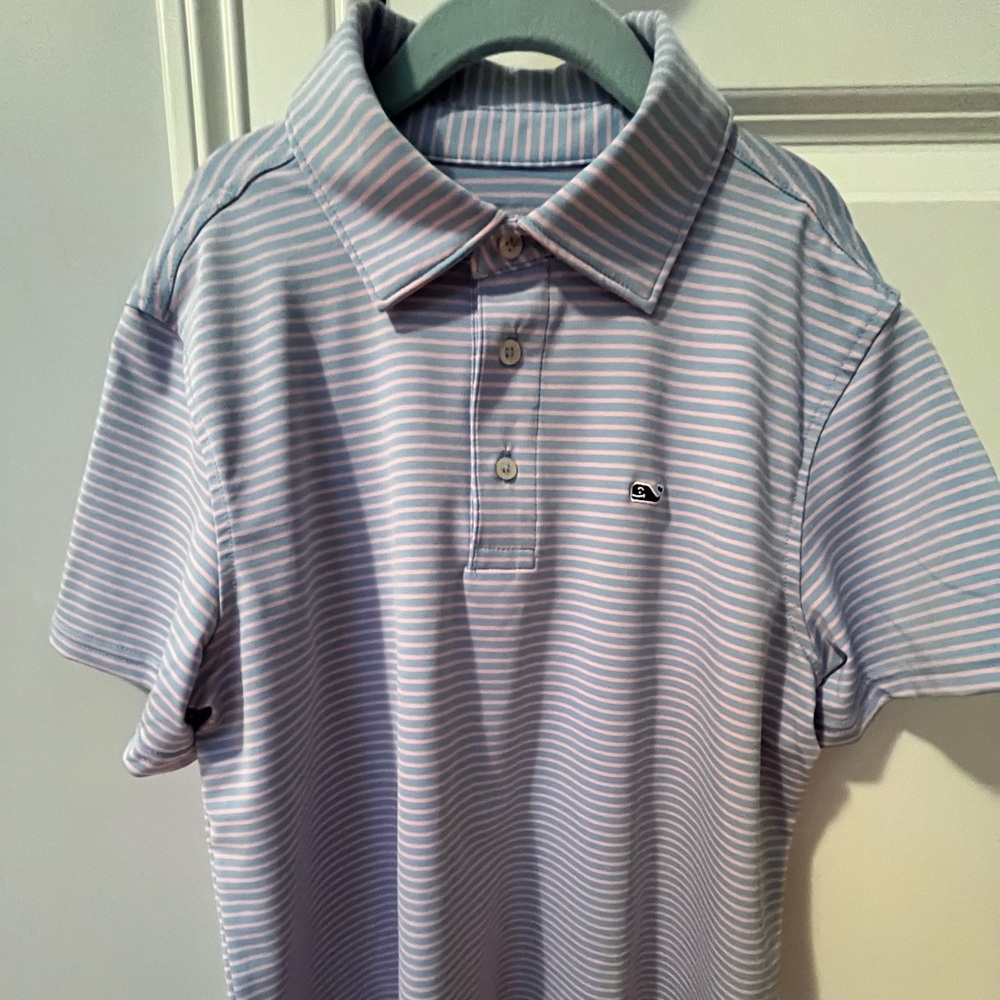 Vineyard Vines Boys Sankaty Polo Size M (12-14) Blue & Pink Stripes